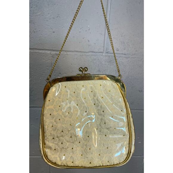 Vintage 1960s Floral Brocade Handbag Plastic Covered Kiss Lock Clasp Small Bag - Picture 6 of 10